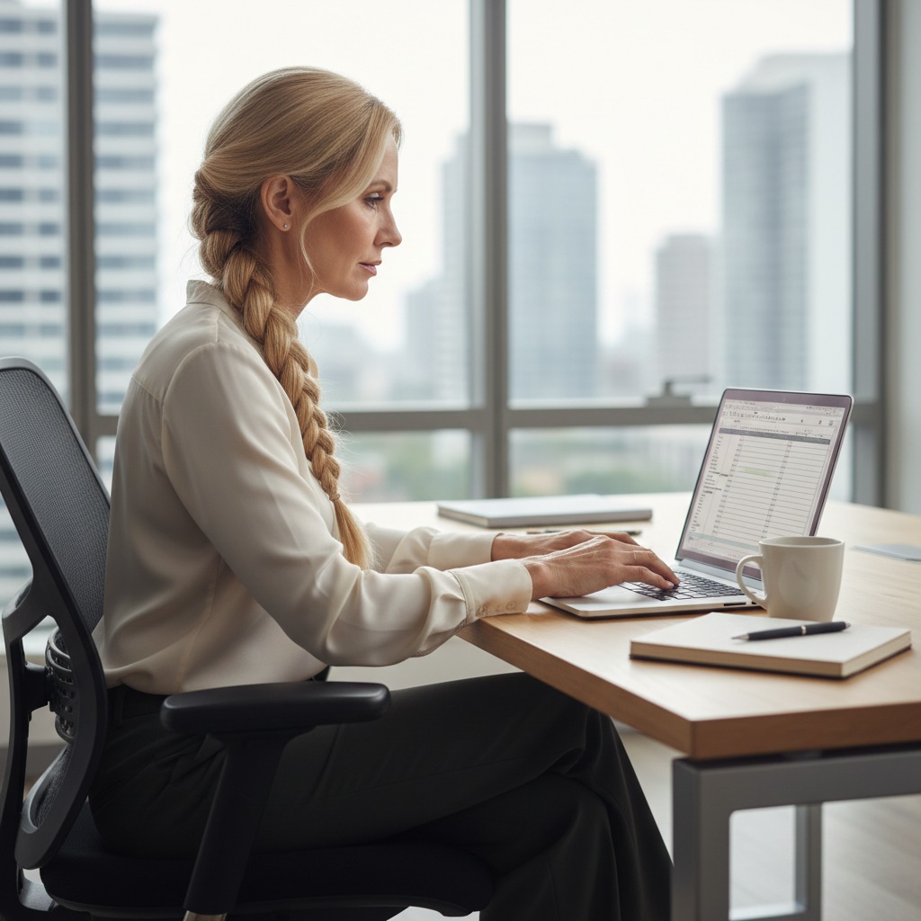 Eine blonde Geschäftsfrau mit geflochtenem Zopf sitzt an einem Schreibtisch vor einem Laptop in einem Büro mit großem Fenster.