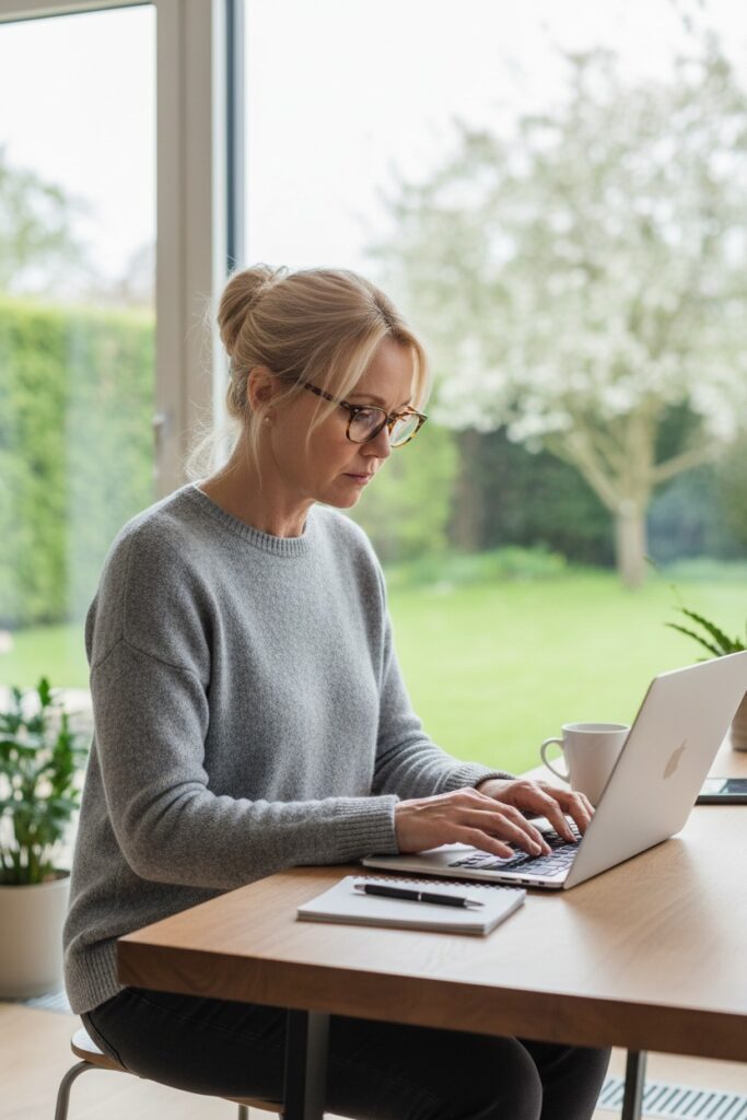 Eine blondhaarige Frau mit Brille und grauem Pullover sitzt an einem Holztisch und tippt konzentriert auf einem Laptop.